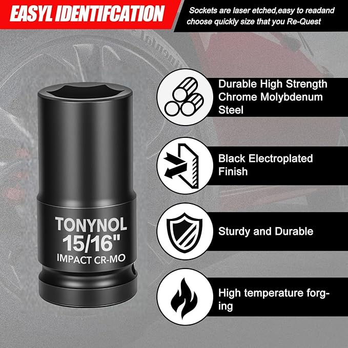 3/4" Inch Drive Deep Impact Socket,6-Point,SAE Size 15/16",80mmL,CR-MO,Heavy-Duty Automotive & Industrial Repair