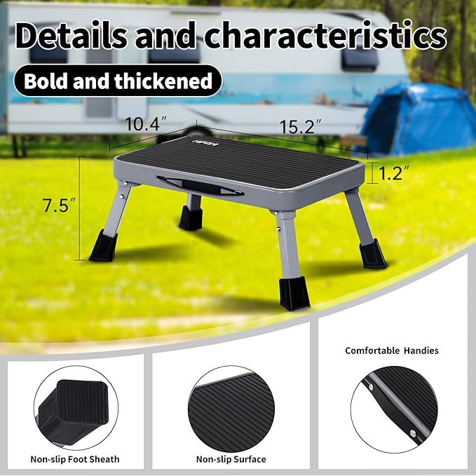 RV Step Stool Foldable 1-Step Ladder Sturdy Metal Stable Step Stool with a Non-Slip Platform Supports up to 500 lb with Non-Slip Rubber Feet, Easy to Carry