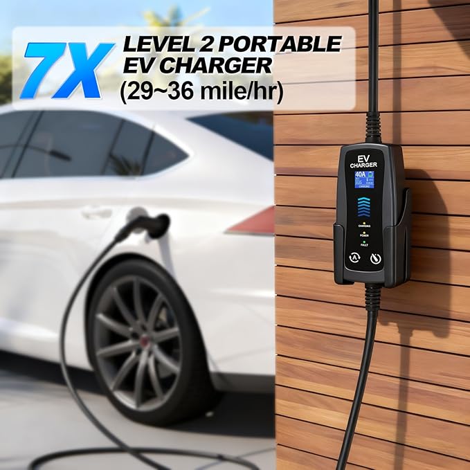 Level 2 Portable EV Charger, 16 to 40 Amp, 240 Volt, 25ft Cable, Portable EV Charging Cable Faster Charging Station, Electric Vehicle Charger Compatible with All EV Cars NEMA 14-50