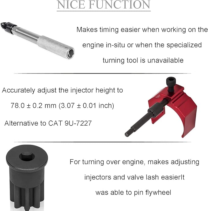 E-cowlboy J-42083 Automatic Timing Pin+9U-7227 Injector Height Adjustment Gauge Tool+Engine Barring Socket for Caterpillar CAT 3406E C-15 C-16 (3 Tools)
