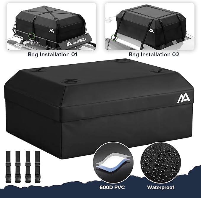 ARKSEN 54 x 34 x 6 Inch Universal Roof Rack with Extension, 600D Waterproof Bag, 2 Ratchet Straps&Net, 150 LBS Capacity Heavy Duty Rooftop Cargo Basket for SUV, Truck, RV, Pickup