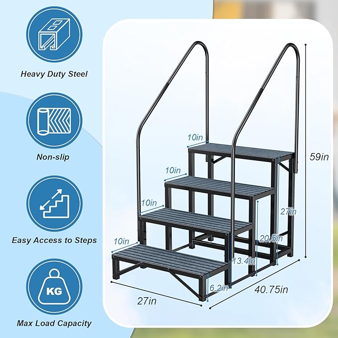 Rv Steps with Handrail 4 Step,Hot Tub Steps with Anti-Slip Mats,Heavy Duty Metal Mobile Home Stairs,Camper Steps for Travel Trailer,Portable Step Ladder for Spa,Pool and Porch