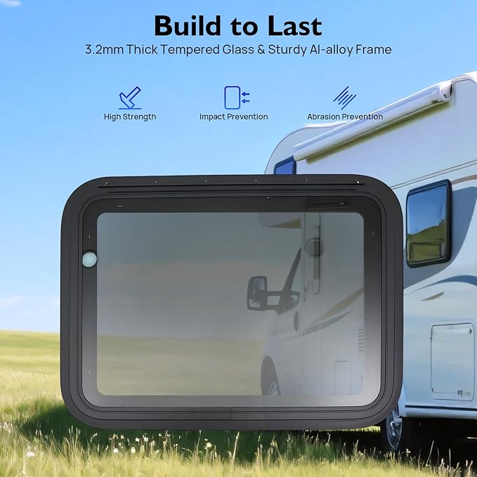 RV Exit Window - 30” W x 22” H Camper Window Ultra Thick Tempered Glass Emergency Window with Trim Kit - 90°Opening, Weather-Resistant for RVs, Trailers, Pickup Trucks