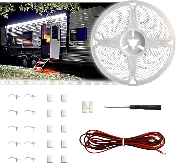 RV Awning Light,12V 20FT Camper Awning Lighting,Waterproof LED Strip,Exterior Underglow Lighting for RV Motorhome Travel Trailer Food Truck Outdoor Party (White, 20FT)