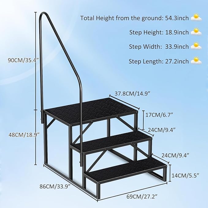 RV Steps with Handrail, 3 Step RV Stairs 660lbs Load Capacity, Heavy Duty Camper Steps with Wide & Anti-Slip Platform, Portable Outdoor Metal Entry Stairs for Hot Tub, Mobile Home, Travel Trailers