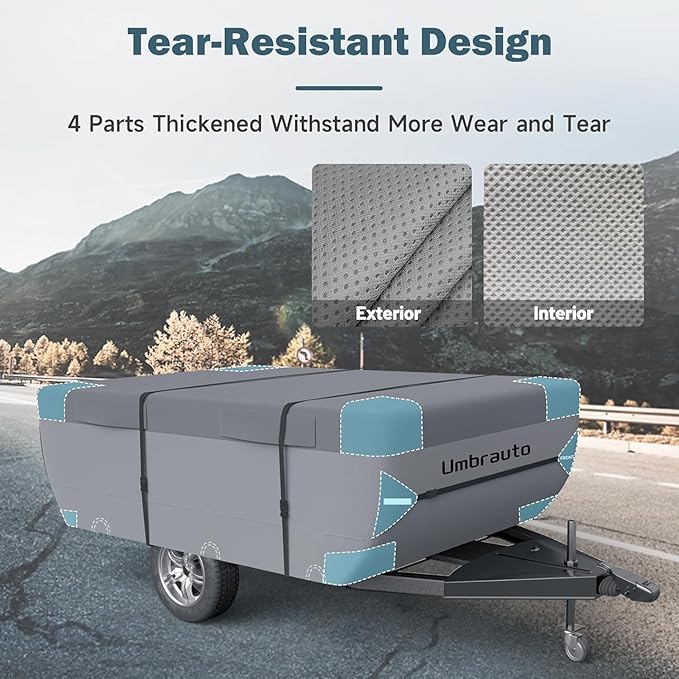 Umbrauto Pop-Up Camper Covers Fits 14-16ft Tent Trailer: 7 Layers Top Pop Up Trailer Cover Waterproof, Breathable Ripstop Sun Block, with Gutter Covers, Windproof Straps