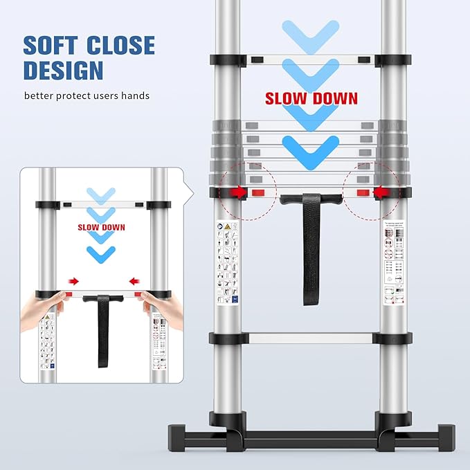 12.5FT Telescoping Ladder, 330lb Capacity Aluminum Heavy-Duty Extension Ladder with Anti-Slip Steps for Secure Attic Access, Roof, and Home Renovation Projects