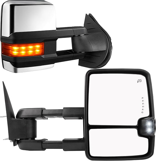 DWVO Power Heated Towing Mirrors for 2003–2007 Chevy Silverado, GMC Sierra, Tahoe, Suburban, Avalanche, Yukon XL, & Denali, Extendable Telescoping LED Turn Signal Pair, Black
