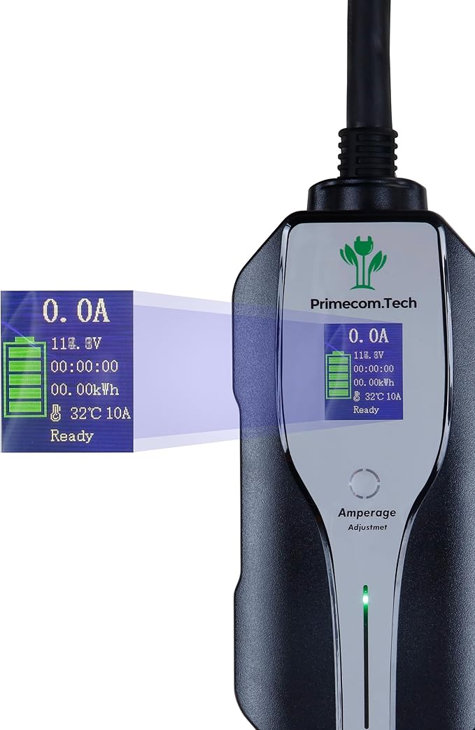 PRIMECOM.TECH Level 2 Electric Vehicle (EV) Charger Amperage Adjustable (10Amp - 16Amp - 20Amp - 24Amp - 32Amp) 30Ft Cable EVSE Plug-in Hybrid (40 FT, European)