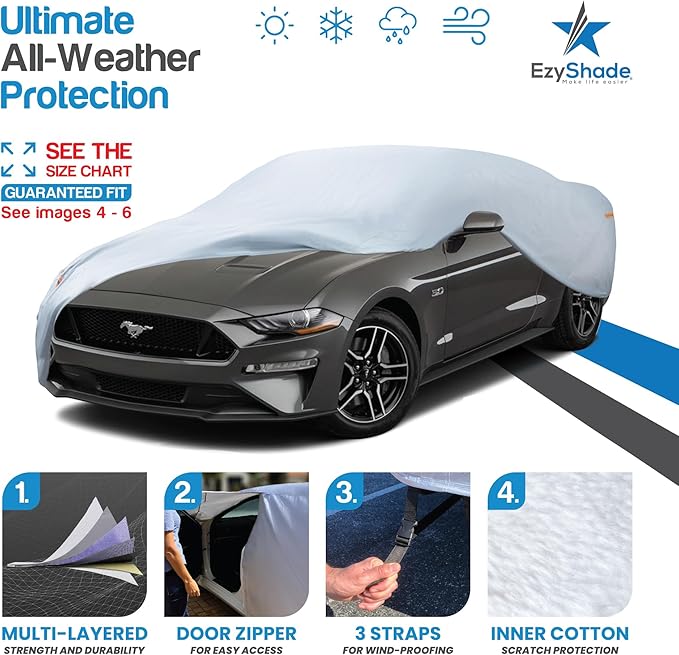 EzyShade 10-Layer Waterproof Sports Car Cover. See Vehicle Size-Chart for Accurate Fit. All Weather Full Outdoor Covers. Miata Porsche SLK Z3 Z4 Classic Cars. Sun Snow Rain. Size C1 (See SizeChart)