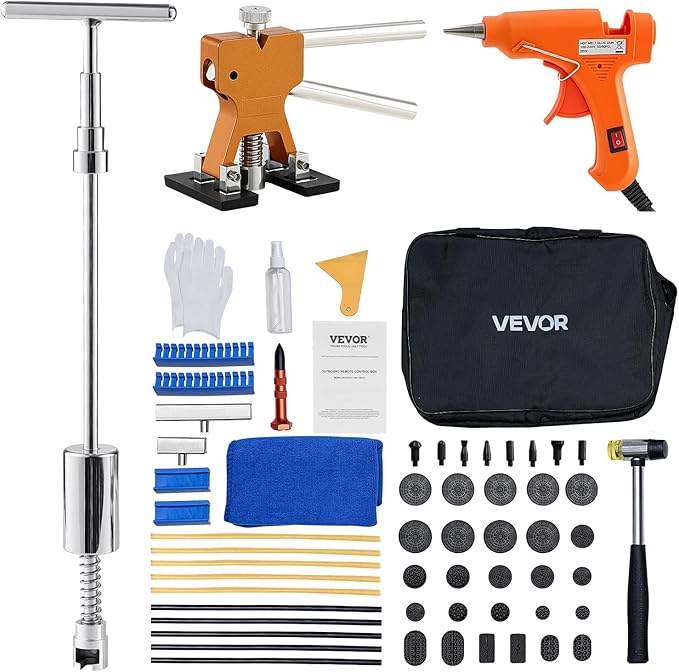 VEVOR Dent Puller Kit, 61 PCS Paintless Dent Removal Kit with Golden Lifter, Slide Hammer T-Bar, Glue Gun, Auto Body Hail Damage Repair Remover Tools for Car Refrigerator Large Small Door Ding Repair