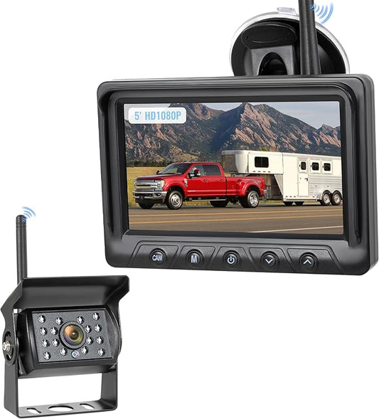 1080P Wireless Backup Camera and 5" Monitor System, RV Rear View IR Night Vision Camera, IP69 Waterproof Reverse Cam for Hitching Trailer, Truck, Camper, Pickup, Dual-Camera Support, WZ5-1