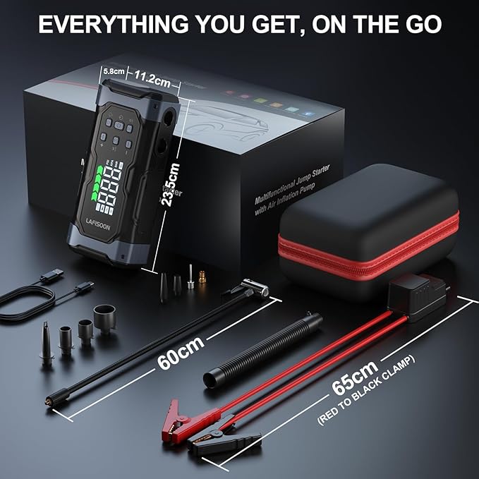 High-Power 9000A Jump Starter with Air Compressor, 12V Car Battery Jump Starter, Portable Jump Box for Car(All Gas/14L Diesel) with Tire Inflator, 30W Fast Charge, Forced Boost, Smart Battery Jumper