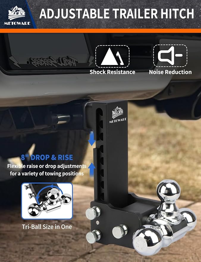 METOWARE Adjustable Trailer Hitch Ball Mount-Fits 2.5" Receiver-Heavy Duty Drop Hitch, Tri-Ball (1-7/8" x 2" x 2-5/16") 8" Drop/Rise, 18,000 GTW and Anti-Theft Stainless Steel Lock