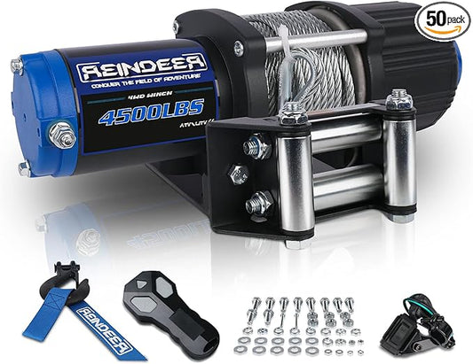 REINDEER New 12V Winch 4500 lb Load Capacity Electric Winch Kit for ATV UTV Steel Cable Wire Rope with Hawse Fairlead Waterproof IP67 with Wireless Remotes