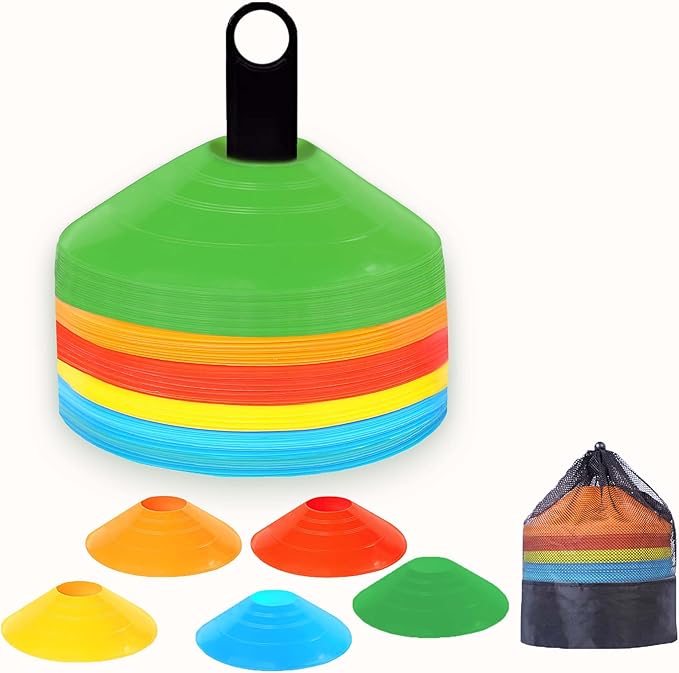 Training Soccer Cones 25/50/100 Pack with Carry Bag & Holder – 5 Colors – Agility Disc Cones Set Sports Practice Equipment for Soccer, Football, Basketball, Coaching & Speed