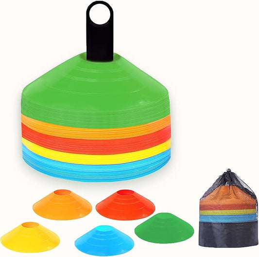 Training Soccer Cones 25/50/100 Pack with Carry Bag & Holder – 5 Colors – Agility Disc Cones Set Sports Practice Equipment for Soccer, Football, Basketball, Coaching & Speed