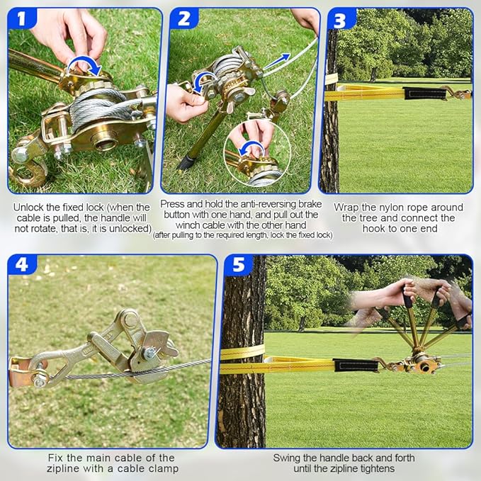 Zipline Tensioning Kit, Cable Winch Puller with Cable Grip Steel Wire Puller & 2 Hooks, Portable Steel Cable Puller for 3/16" to 1/2" Cable, Zipline Cable Tensioner Kit