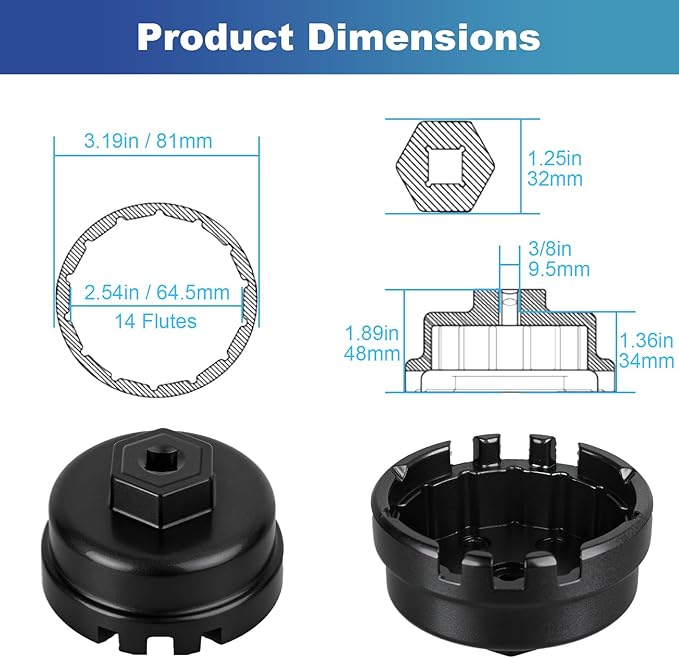Professional 6 Slots 14 Flutes Oil Filter Wrench for Toyota, 64mm Oil Filter Removal Tool Socket, Oil Filter Cap Wrench for Corolla, Prius, Prius Prime/V, Matrix, CT200h, Scion iM/iQ/xD 1.8L Engine