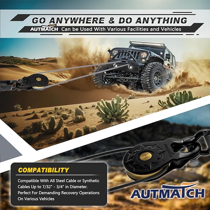 AUTMATCH Winch Snatch Block 18 Ton - Winch Pulley (79,366 Lbs) Break Strength, Heavy Duty Off Road Recovery Towing Pulley Blocks for Synthetic Rope or Steel Cable, Truck, UTV, ATV, Black