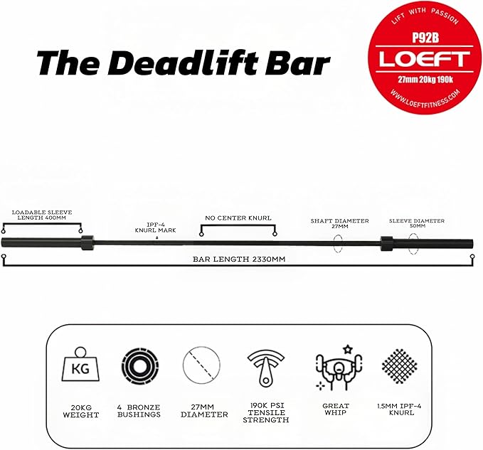 Professional Powerlifting Deadlift Barbell, 92in 27MM Olympic Barbell for Powerlifting, Deadlift Bar for 45lb 1500 lbs Weight Capacity 190K PSI, Enhanced Flex Weight Bar Fit 2" Weights