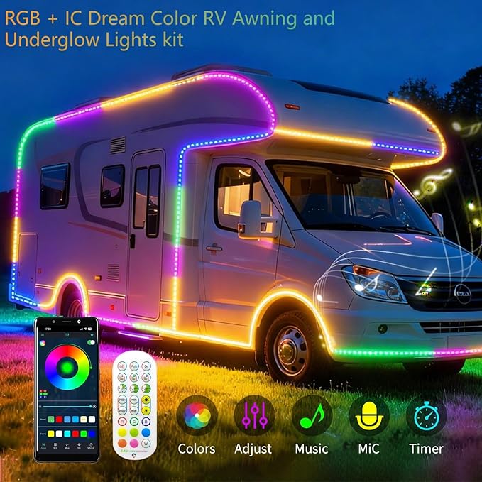 Smart RGB+IC RV Awning Lights, 20FT Dream Color Chasing Camper Awning Lights Strip for RV Canopy, 12V Waterproof APP/Remote RV Underglow Light for Travel, Van, Concession Trailer