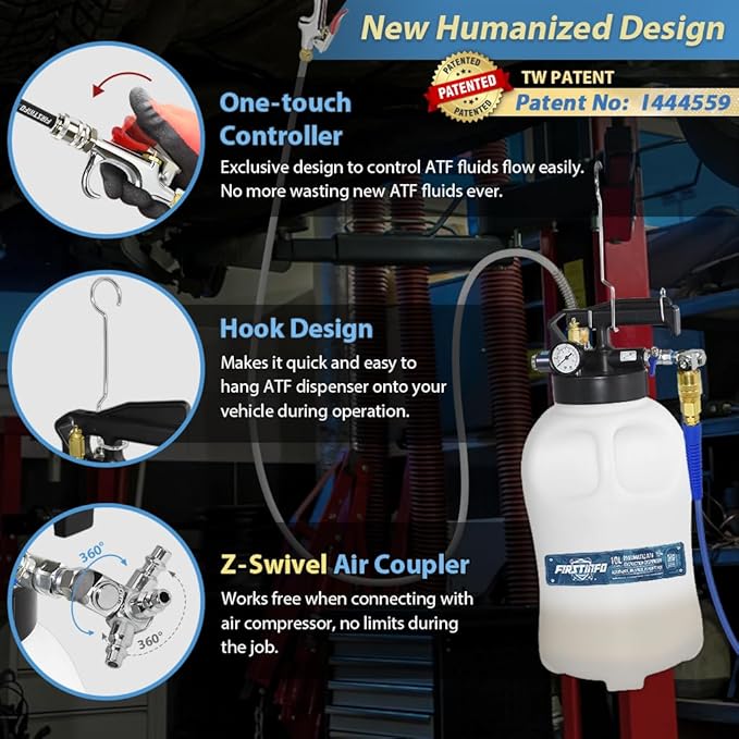 FIRSTINFO Patented 10 Liter 22 Pcs Taiwan-ATF Filler Adapters | Pneumatic Transmission Fluid Dispenser Pump | Hanging Hook | 360° Z-Swivel Air Inlet | Spring Structure Hose