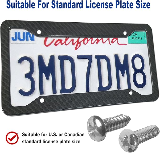 BGGTMO Carbon Fiber License Plate Frames- 2 Pack Black Aluminum Printed Carbon Patterns Car Tag Cover for Front & Rear, 4 Hole Heavy Duty Universal Holder Mount Screws with Caps
