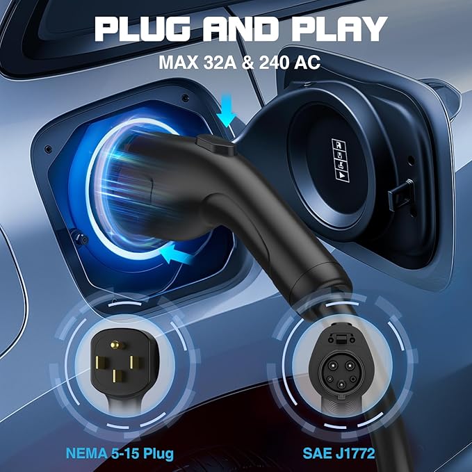 GRECELL Level 2 EV Charger, 32A/7.4KW Electric Vehicle Portable Charger with 25FT Cable, ETL Certified Level 2 Car Charger for All SAE J1772, 240V NEMA 14-50 Adjustable Current for Home & Travel