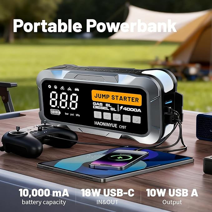 4000A Car Jump Starter with Air Compressor, 12000mAh&150PSI Portable Car Battery Jump Starter, 12V Jump Box Battery Pack (8L Gas 6L Diesel Engine) with Boost, LEDLight and Jumper Cables