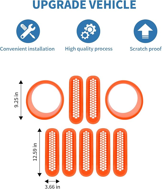 for Jeep JK Front Grille Inserts & Headlight Cover Trim Ring for Jeep Wrangler JK JKU 2007-2017 Orange Exterior Accessories 9pcs