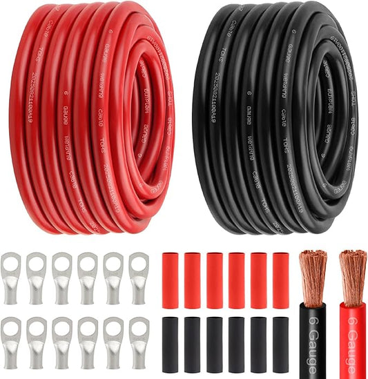 6 Awg Battery Power Cable -30FT Red + 30FT Black 6 Gauge Flexible Welding Cable OFC Copper Wire with Lugs Terminal Connectors and Heat Shrink Tube for Automotive, Battery, Inverter,Boat and Generator