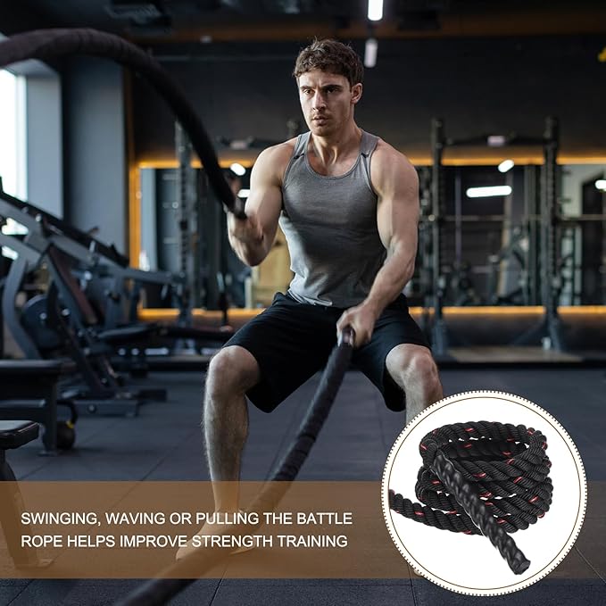 MECCANIXITY Battle Rope 10ft x 1 Inch Polyester Workout Rope Heavy Fitness Exercise Rope for Strength Training Home Gym Muscle Building, Black Red