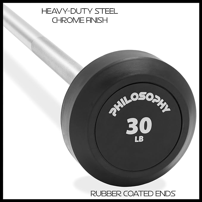 Philosophy Gym Rubber Fixed Barbell, Pre-Loaded Weight Straight Bar for Strength Training & Weightlifting