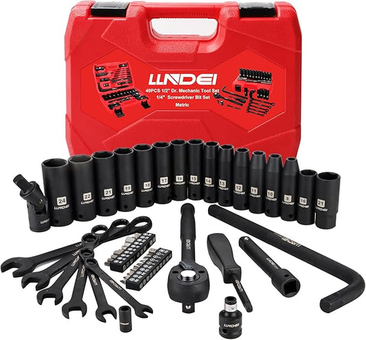 LLNDEI 1/2" Dr. Ratchet Impact Socket Wrench Set,Deep Sockets(8-24mm),Spark Plug Socket(16,21mm),49PCS, CR-V, Metric, With Combination Wrenches (8-17mm)