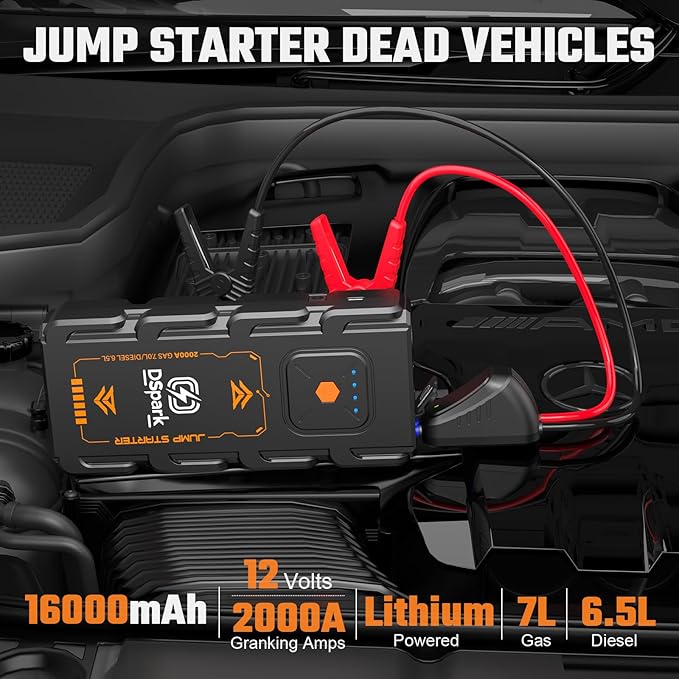 G21C 2000A Jump Starter Portable Portable Battery Booster for 7.0L Gas and 6.5L Diesel Engines 12V Jump Box with USB Quick Charge LED Flashlight with DC Power Out 12.5v-16.8V-10A