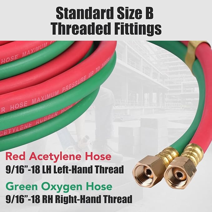 Oxygen Acetylene Twin Welding Hose 1/4" × 50FT - 300 PSI Red & Green Torch Hose with 9/16"-18 B Fittings Grade R for Gas Welding Cutting & Brazing