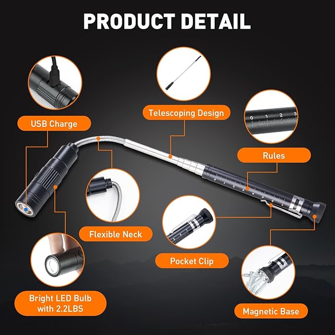 Gifts for Him, Rechargeable Magnetic Pickup Tool, Telescoping Magnetic Flashlight Pick Up Tool, Christmas Stocking Stuffers for Men Adults, Cool Gadgets Birthday Gifts for Men, Husband, Boyfriend