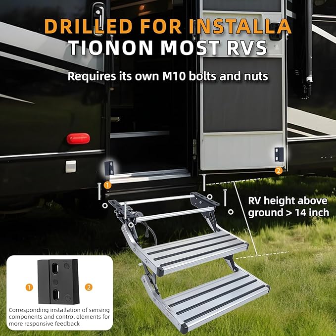 Electric Retractable RV Steps with LED Light, 2-Step, 400 LBS Load Capacity, Foldable Aluminum Alloy Camper Steps, Thickened Steel Plate Trailer Steps, Non-Slip Design, Ideal for RV, Trailer, Camper