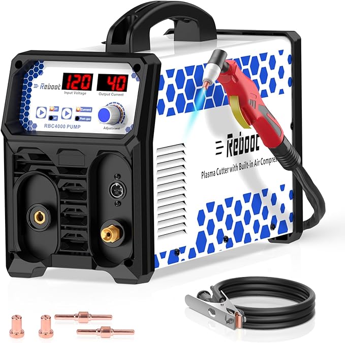 Reboot Plasma Cutter With Built In Air Compressor 40A 120V IGBT Inverter Digital Cutting Machine, 3/8 Inch Clean Cut And 3/5 Inch Max Cut High Frequency