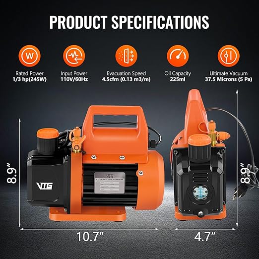 4.5 CFM AC Vacuum Pump and Gauge Set,for Mini Split/HVAC/Auto Systems,Manifold Gauge Kit Compatible with R134a R12 R22 R502,Includes R134a Can Tap,R410a Adapters