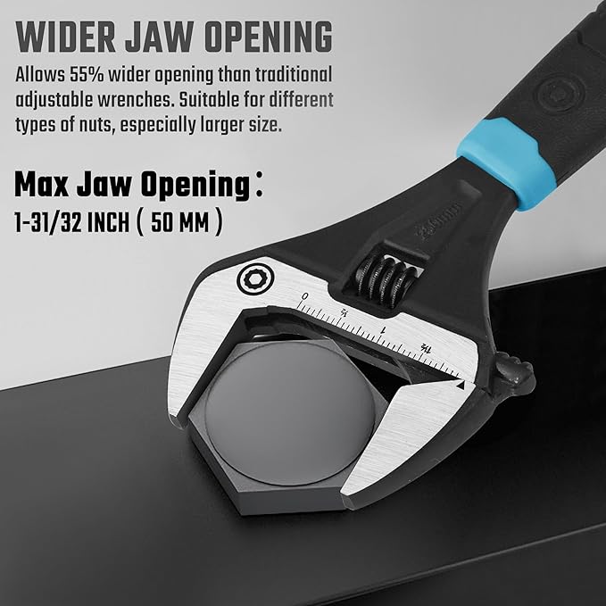 DURATECH 10-Inch Adjustable Wrench, Wide Jaw Opening Plumbing Wrench, CR-V Steel, SAE and Metric Scale Marked, Ergonomic Grip