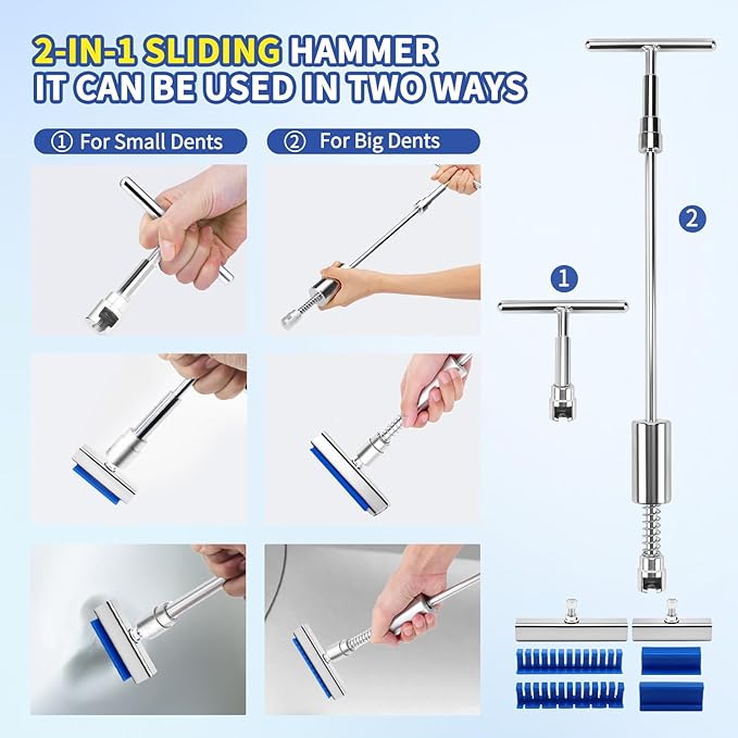 128pcs Dent Puller Kit, Car Dent Puller for Dent Removal, Slide Hammer 2 in 1 T-Bar, Bridge Dent Puller, Adjustable Dent Lifter, Dent Remover Tool for Car Refrigerator Door Ding Repair