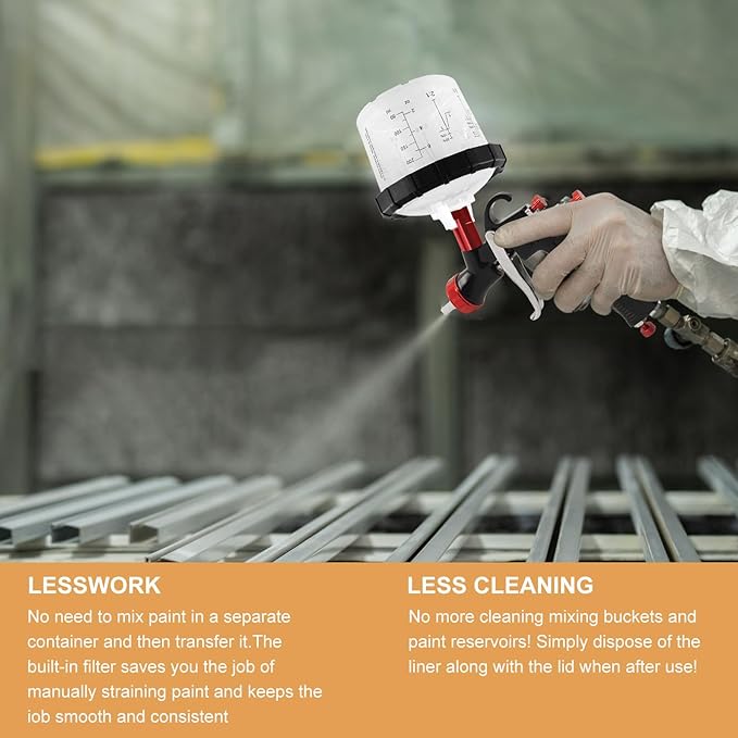 RRJ Disposable Paint Cup Automotive Spray Gun Paint System, for LVLP/HVLP Spray Gun Kit 6.7 Ounce(200ML) Mixing Cups with 50 Liners and Lids, 1 Hard Cup with Retainer Ring, 2 Adapter, Stirrer