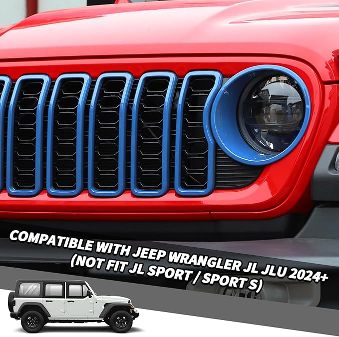 Jimen for 2024 Jeep Wrangler 4xe grill inserts, 9PCS Headlight Cover & Grille Insert Compatible with Jeep Wrangler JL JLU 2024+, NOT FIT JL Sport/Sport S (Light Blue)