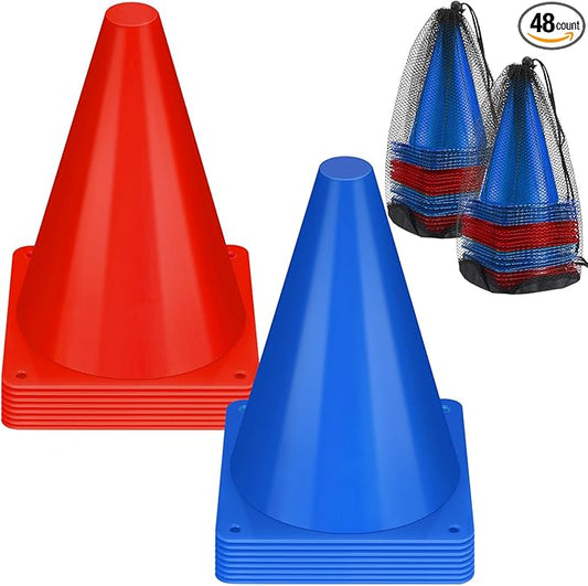 Leelosp 48 Pack 7" or 9" Plastic Traffic Cones Agility Field Marker Soccer/Safety/Sports/Training Cones for Skating Basketball Football Practice Drills Themed Party Decorations