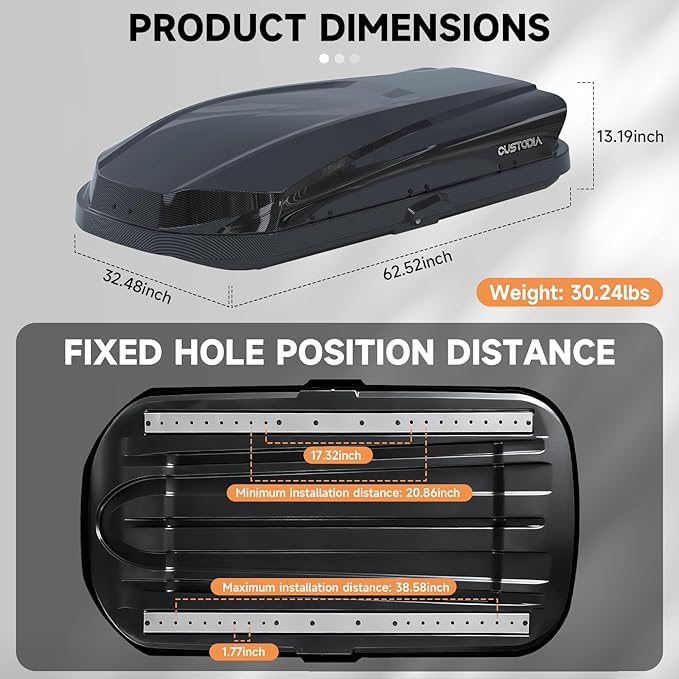 Hard Shell Roof Cargo Carrier with Security Keys, Roof Box, Cargo Box, 62.52 (L) x32.48 (W) x 13.19(H) Inches, 14 Cubic Feet (Tool-Free Install), Carbon Black
