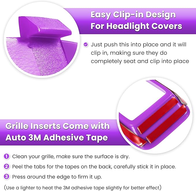 Front Grille Mesh Inserts & Headlight Cover for Jeep Wrangler JL JLU Sport & Sport S Only 2018-2023 Exterior Accessories Clip-in Grille Guard Cover Headlight Bezels Trim Ring (Purple 9PCS)