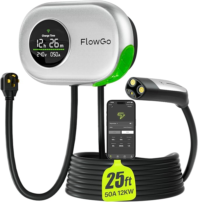 Level 2 Charger for Tesla 50A Smart Home Charger NACS 240V Tesla Charger 50 Apms Large Motion-Activate Display Screen One-Piece Housing Metal Case 25 FT Cable NEMA 14-50 Plug