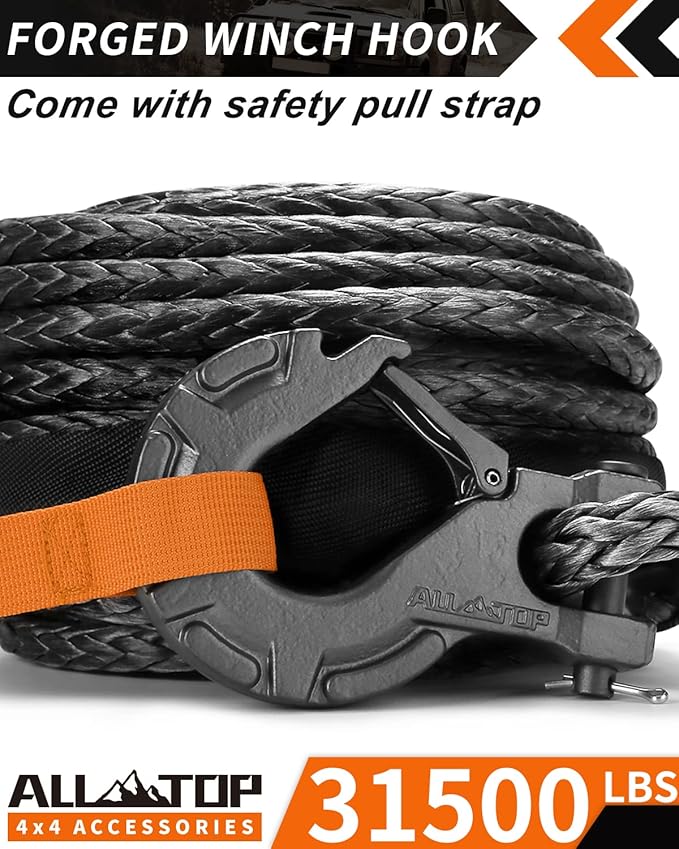 ALL-TOP Synthetic Winch Rope w/Hook & Isolator, 1/2in x 92ft, 31500Lbs UHMWPE Cable Replace Kit, Forged Hook & Rubber Stopper & Safety Pull Strap